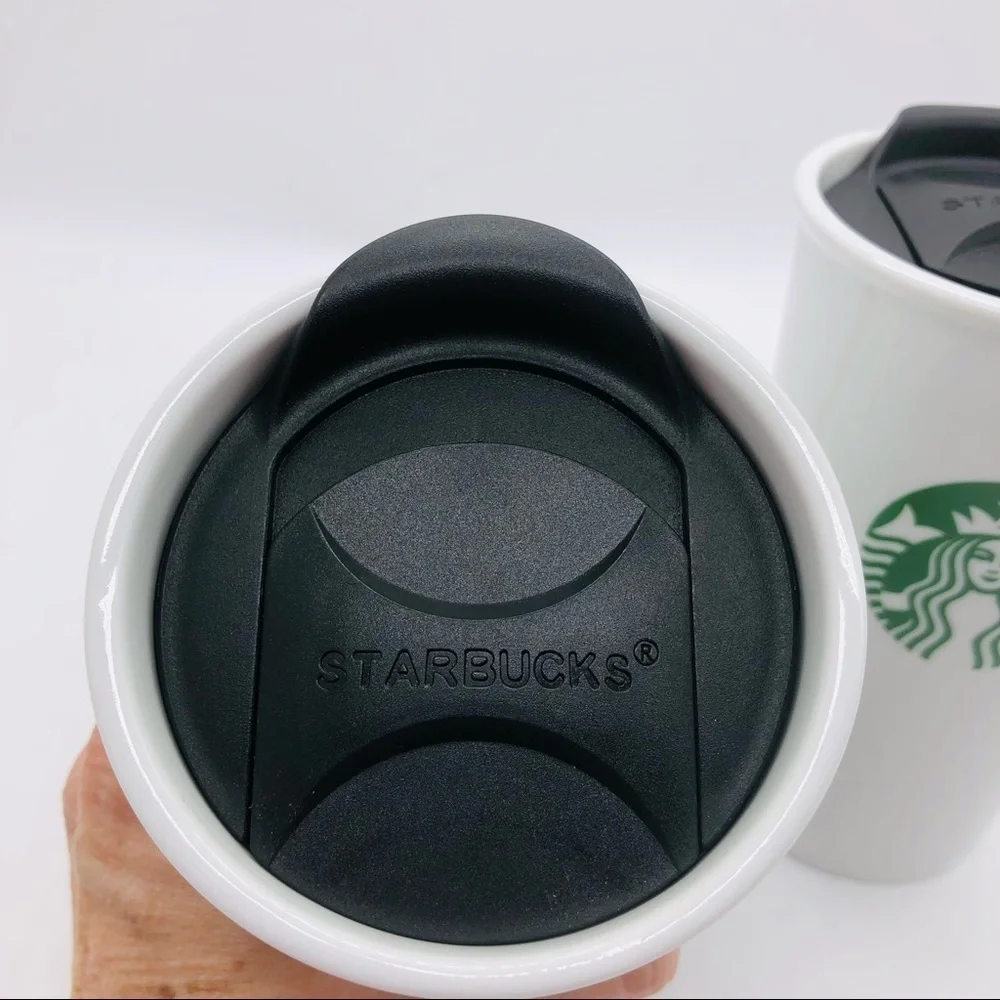 Starbucks set of 2 ceramic 10 ounce travel tumbler with black sliding lids